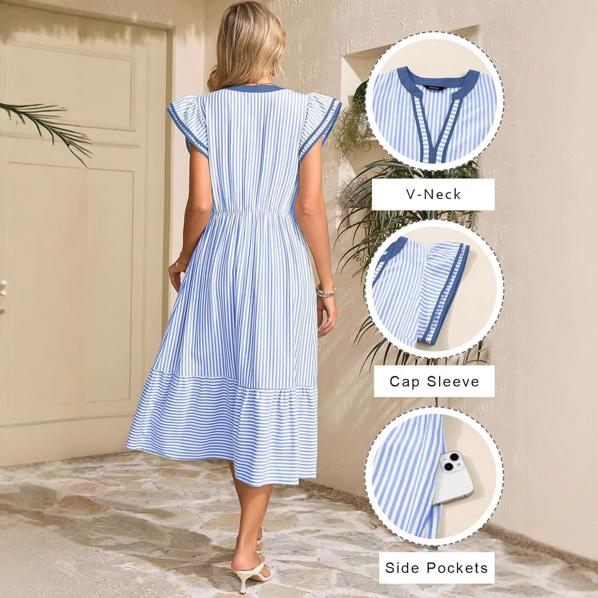 Striped Contrast Trim V-Neck Flutter Sleeve Ruffle Hem Midi Dress 3
