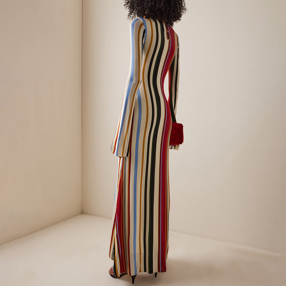 Multi Stripe Crew Neck Long Sleeve Bodycon Mermaid Maxi Dress 4