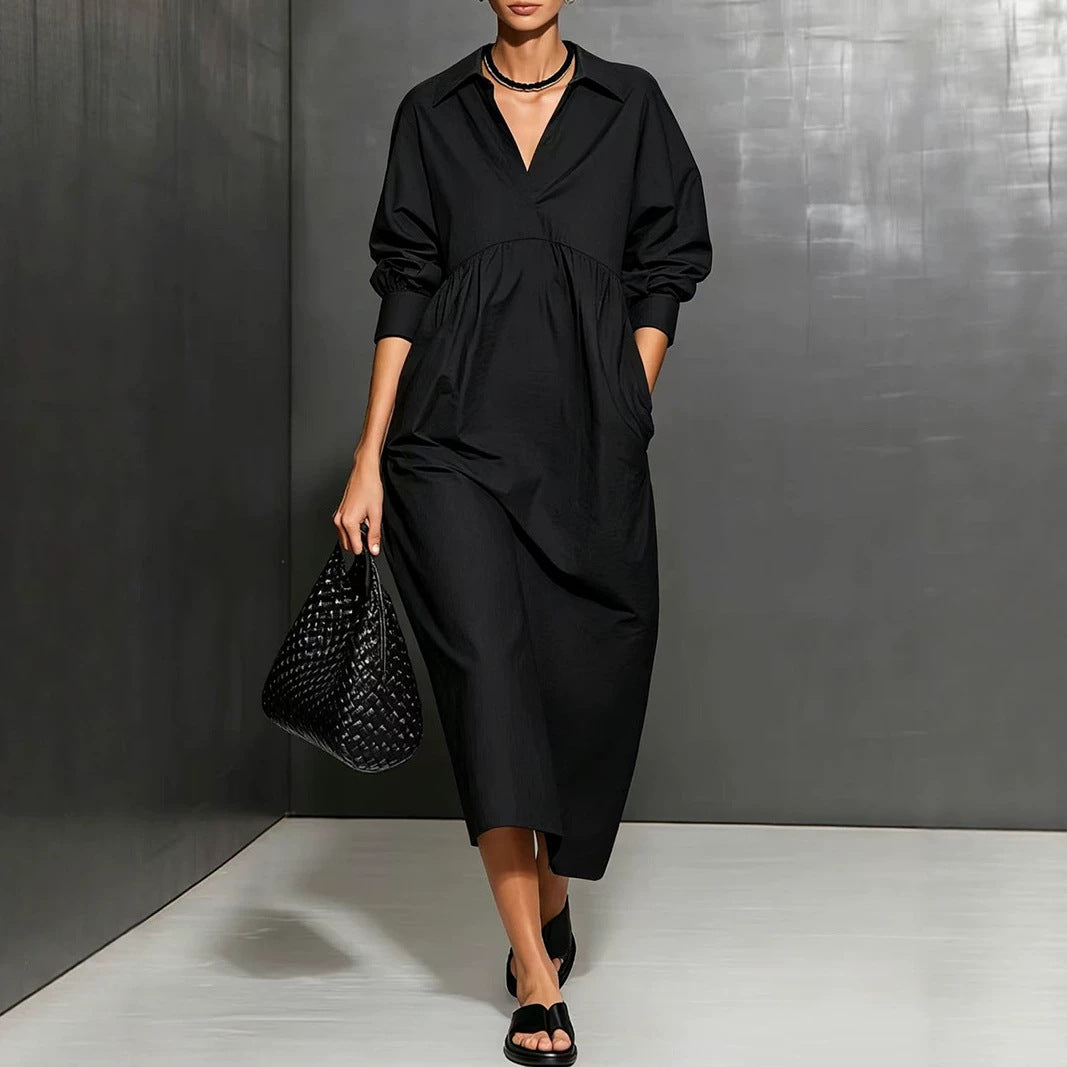 Collared V-Neck Long Sleeve Empire Waist Loose Midi Shirt Dress 4