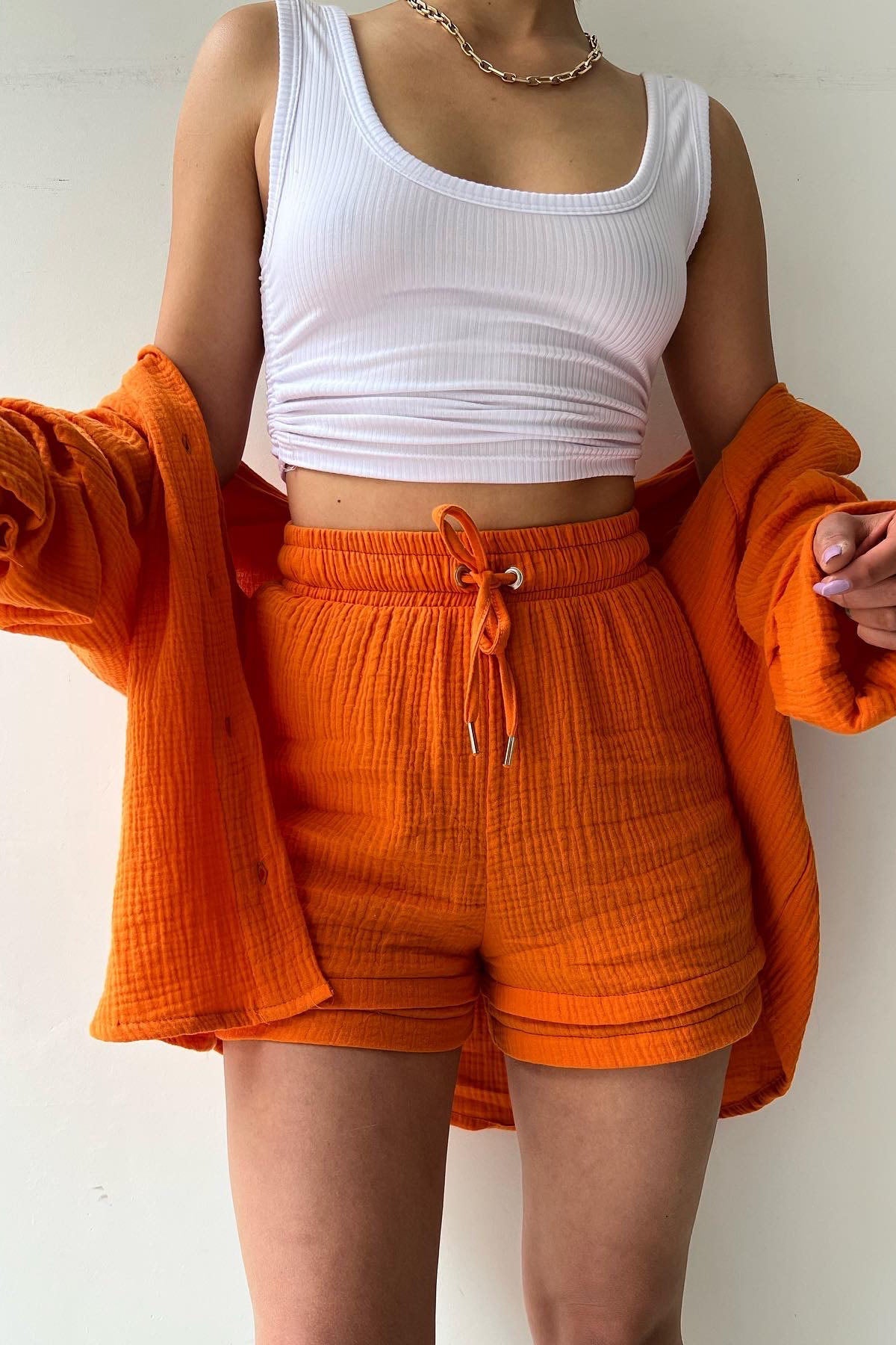 Solid Color Mock Neck Top and High-Waist Shorts Set