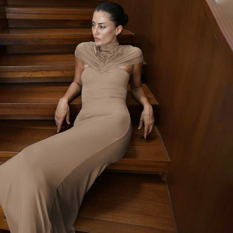 Mock Neck Short Sleeve Ruched Bodice Bodycon Maxi Dress 3