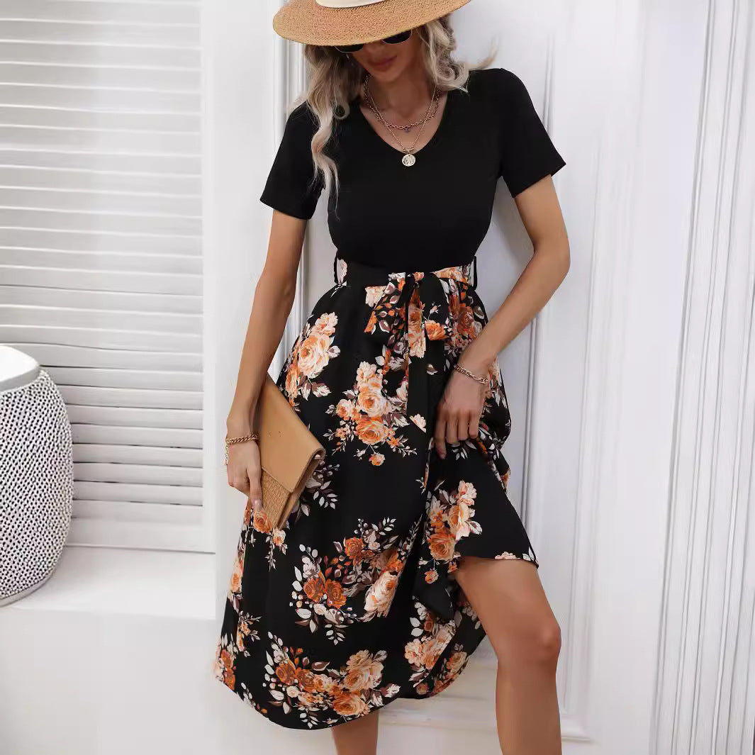 Ribbed Knit V-Neck Short Sleeve Floral Print Tie Waist Midi Dress