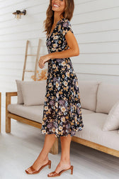 Floral V-Neck Short Sleeve Wrap Midi Dress Summer 8