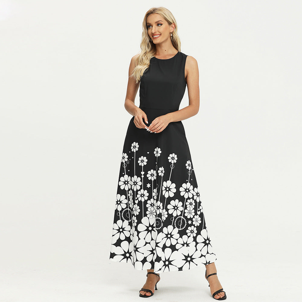 Printed Sleeveless Black Boho Dress