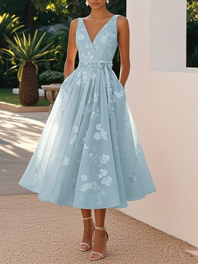 Floral V-Neck Sleeveless A-Line Midi Dress Wedding Guest 4