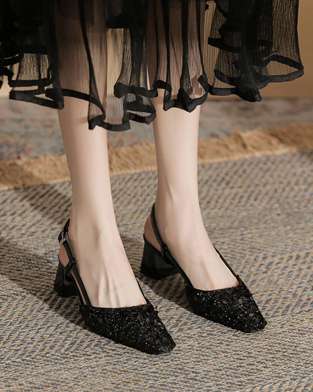 Sequins Back Strap Square Toe Chunky Heel Sandals