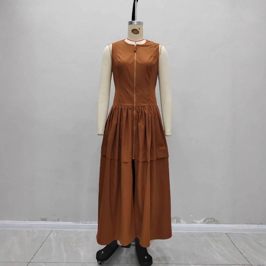Brown Sleeveless round Neck Front Zipper Design High Waist Big Swing Layered Dress Vacation
