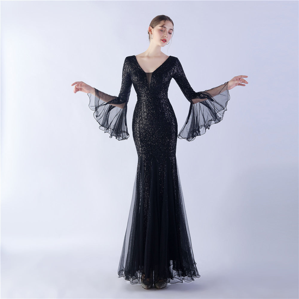 Fish Silk Wave Edge Craft Encryption Mesh Wedding Dinner Stage Sequined Evening Dress