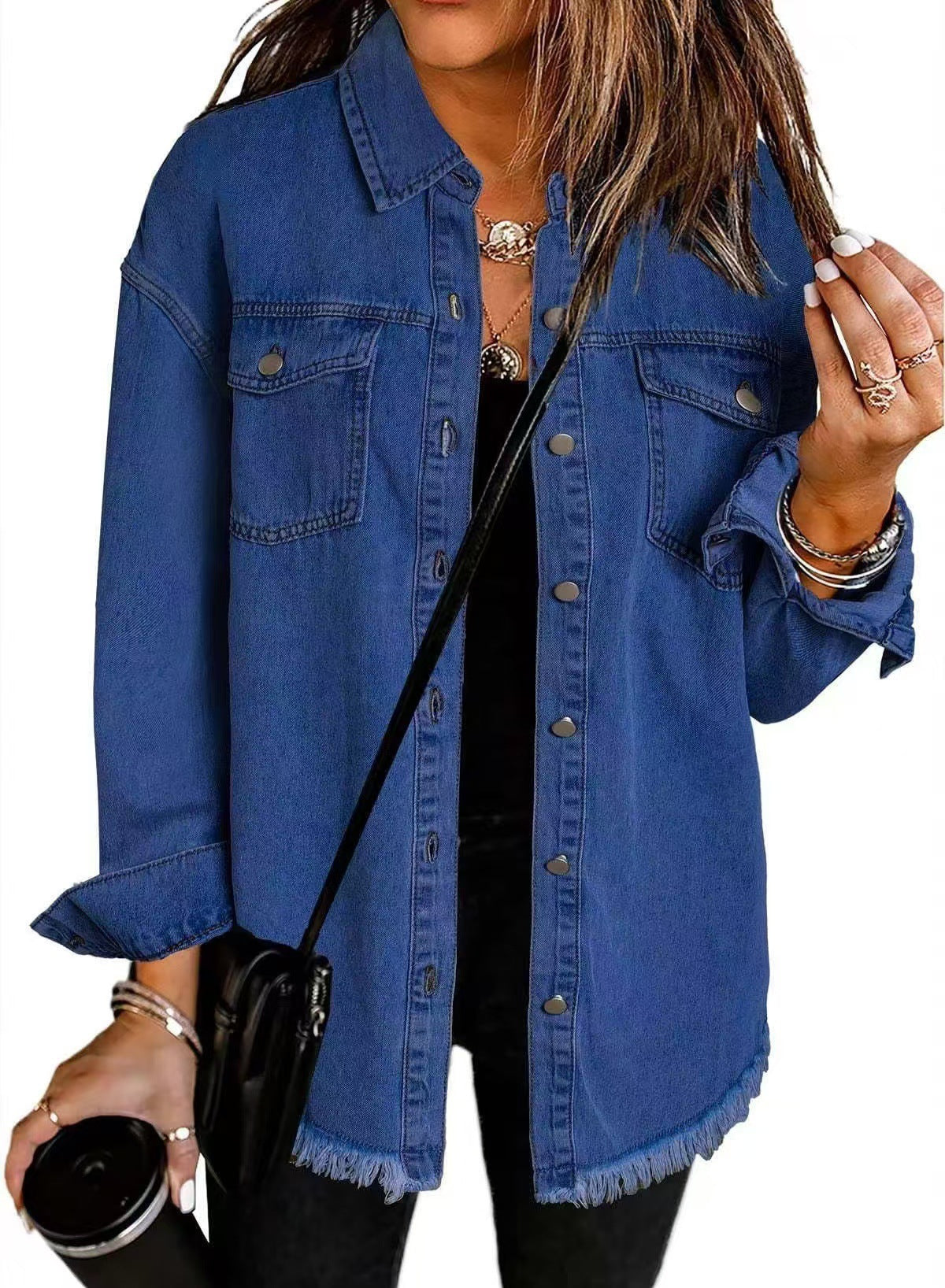 Button Front Chest Pocket Frayed Hem Denim Shirt Jacket