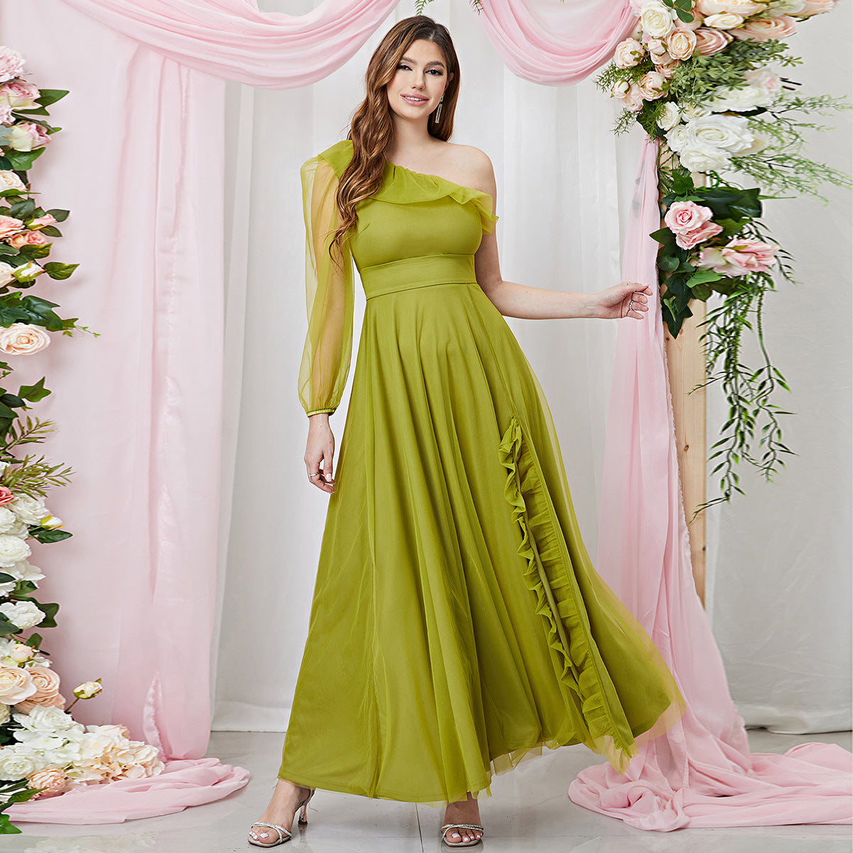 One Shoulder Ruffle Trim Sheer Sleeve Tulle Maxi Evening Dress 7