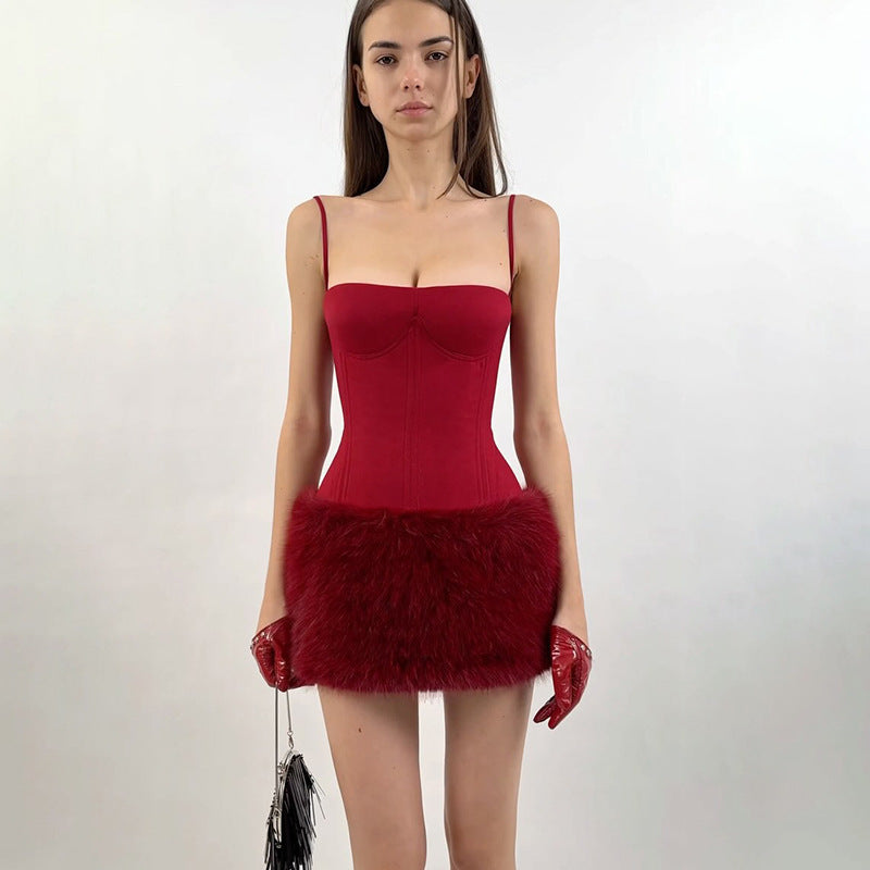 Spaghetti Strap Corset Bodice Faux Fur Hem Bodycon Mini Dress 2
