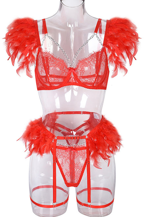 Cutout Feather Detail Plain Lingerie Set