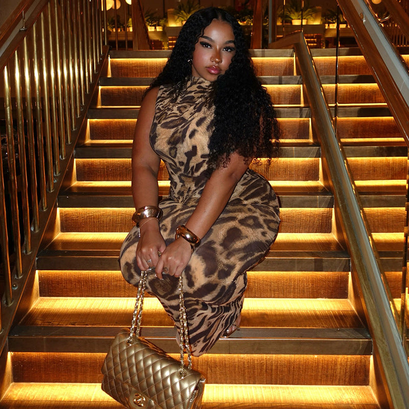 Women Printed Wear Leopard Print Street All Match Hip Skirt Turtleneck Sleeveless Office Maxi Dress