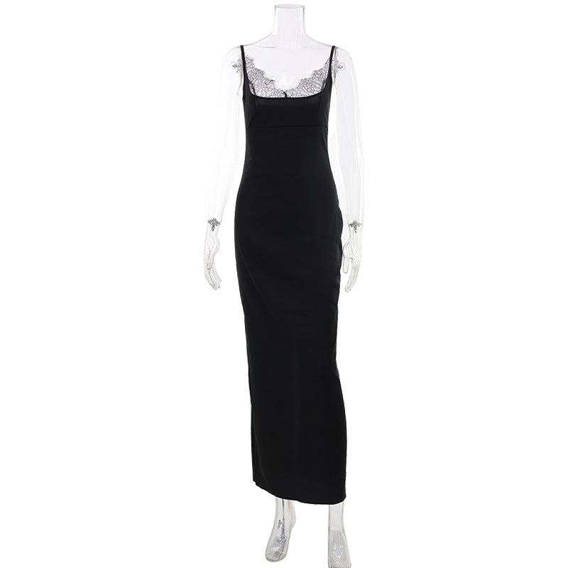Satin Lace Trim Scoop Neck Spaghetti Strap Bodycon Maxi Slip Dress 2