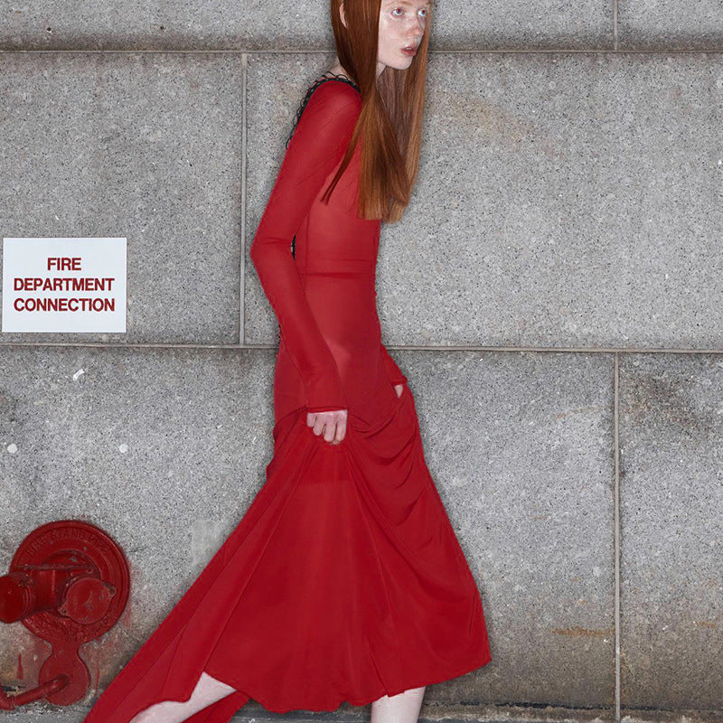 Autumn Mesh Backless Lace up Long Sleeve Super Maxi Dress - View 5