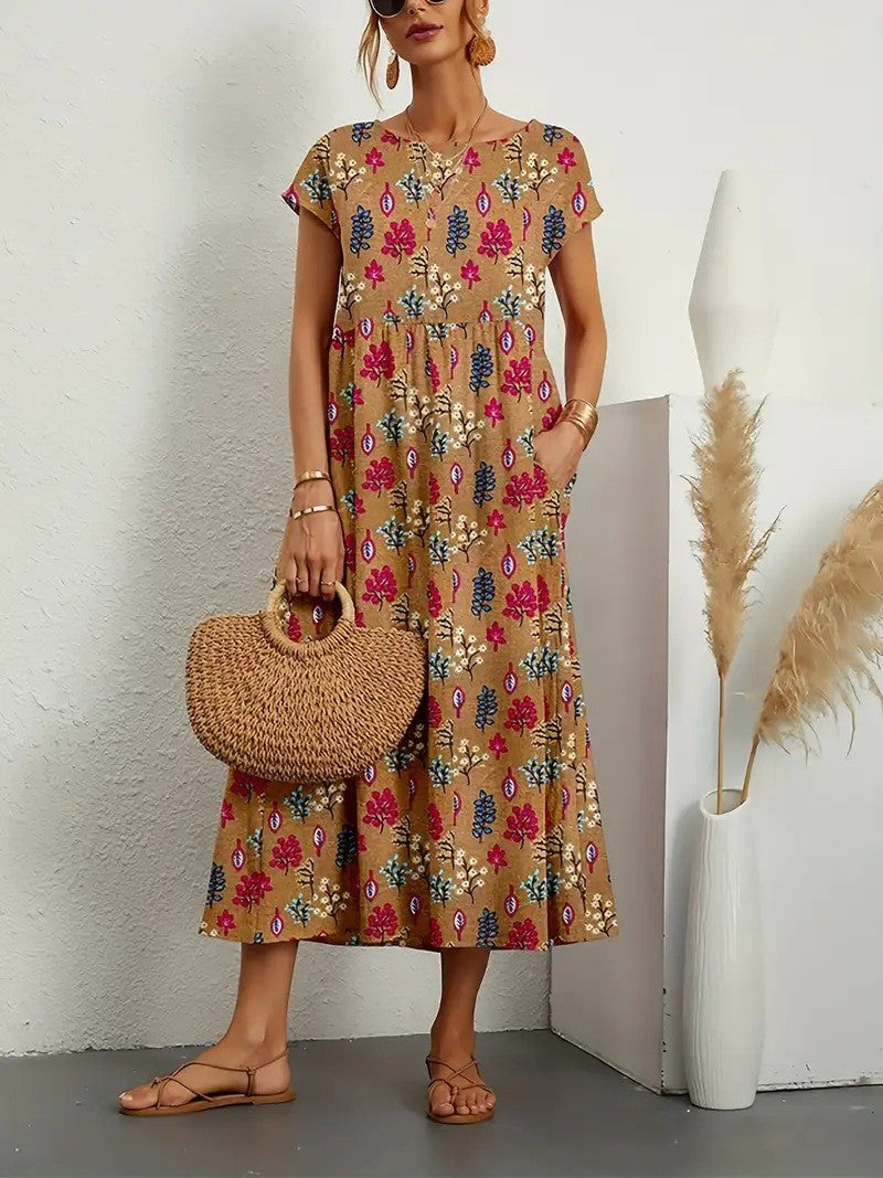 Floral Short Sleeve Tiered Pocket Maxi Dress 13