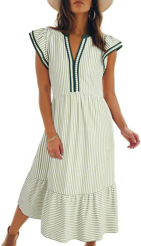 Striped Contrast Trim V-Neck Flutter Sleeve Ruffle Hem Midi Dress 7