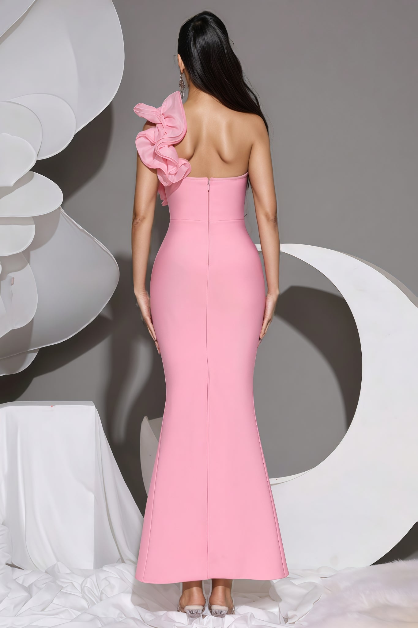 Marigold Pink One Shoulder Bandage Maxi Dress - View 6