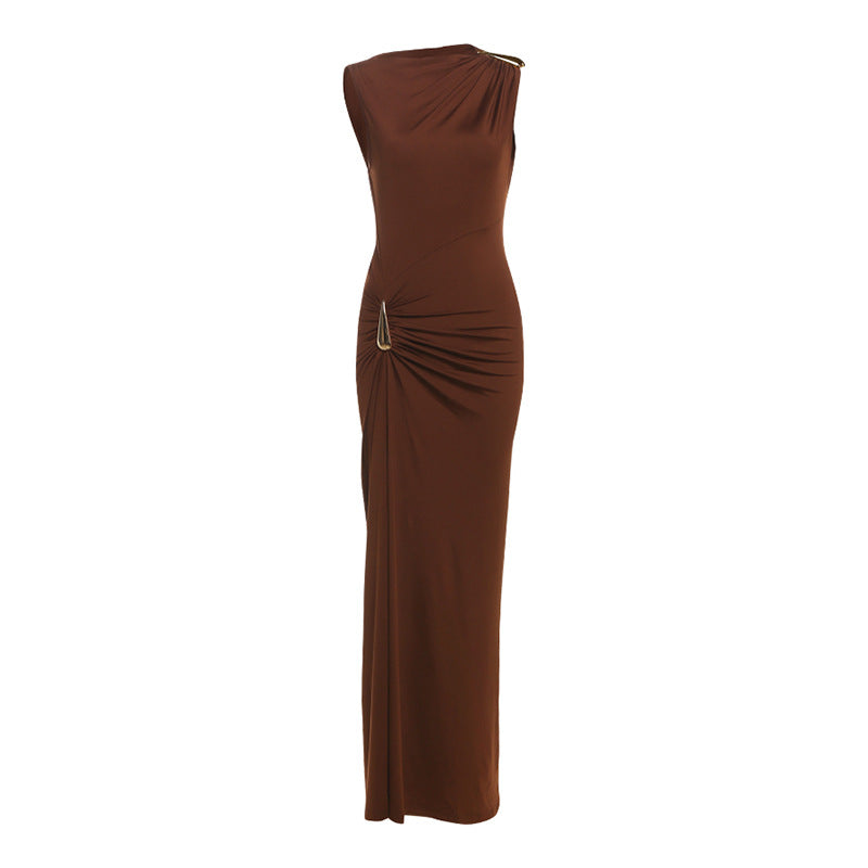 Sleeveless Ruched Side Metal Hardware Detail Draped Maxi Dress 2