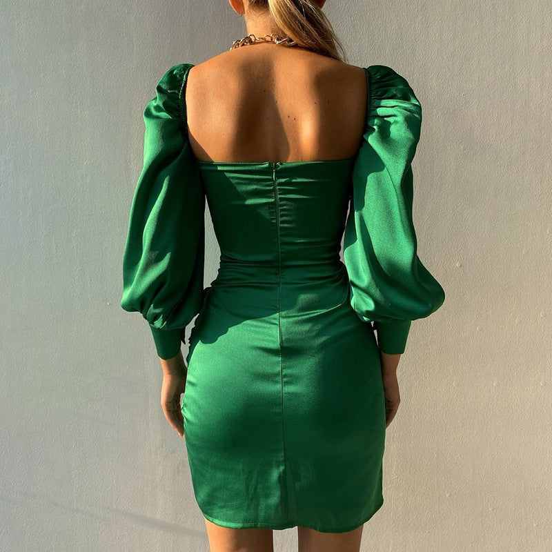 Elyssa Satin Ruffle Mini Dress - Emerald