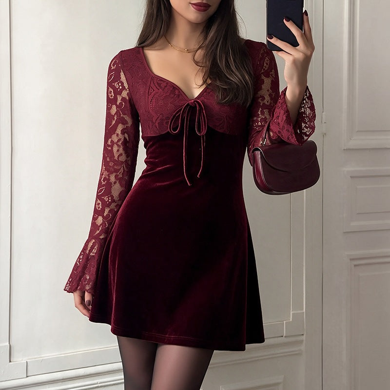 Halloween Velvet Lace Cinched Patchwork Long Sleeve Christmas Short Dress for Women