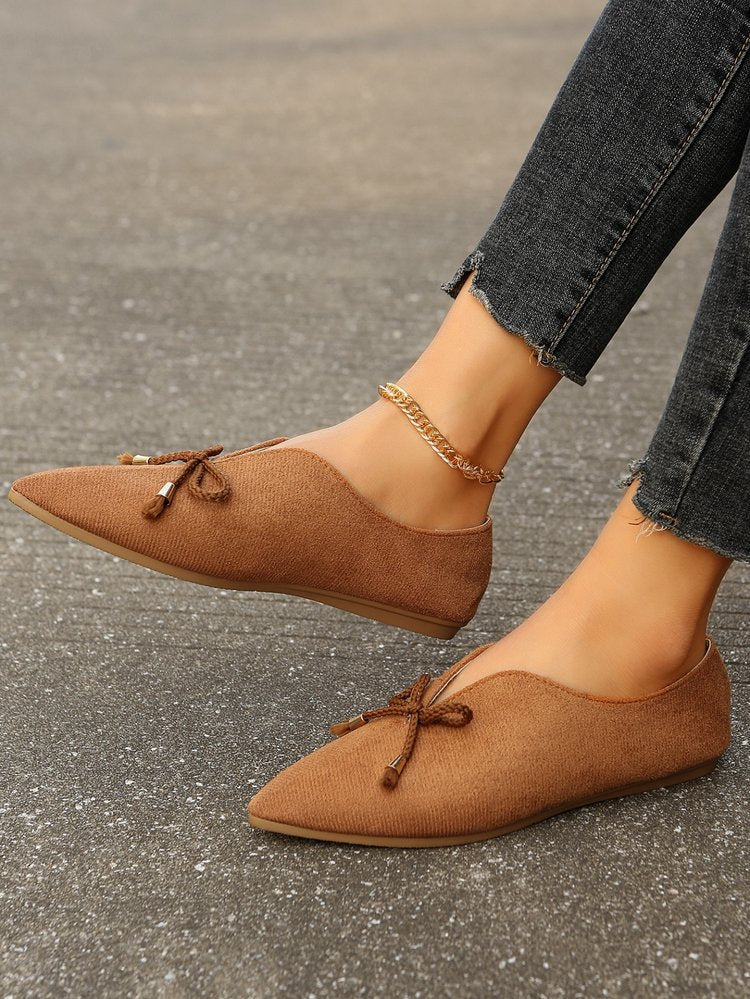 Canvas suede bow pointed toe flat slip-ons