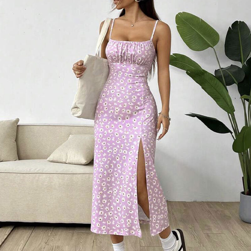 Square Neck Spaghetti Strap Floral High Split Bodycon Midi Dress 9