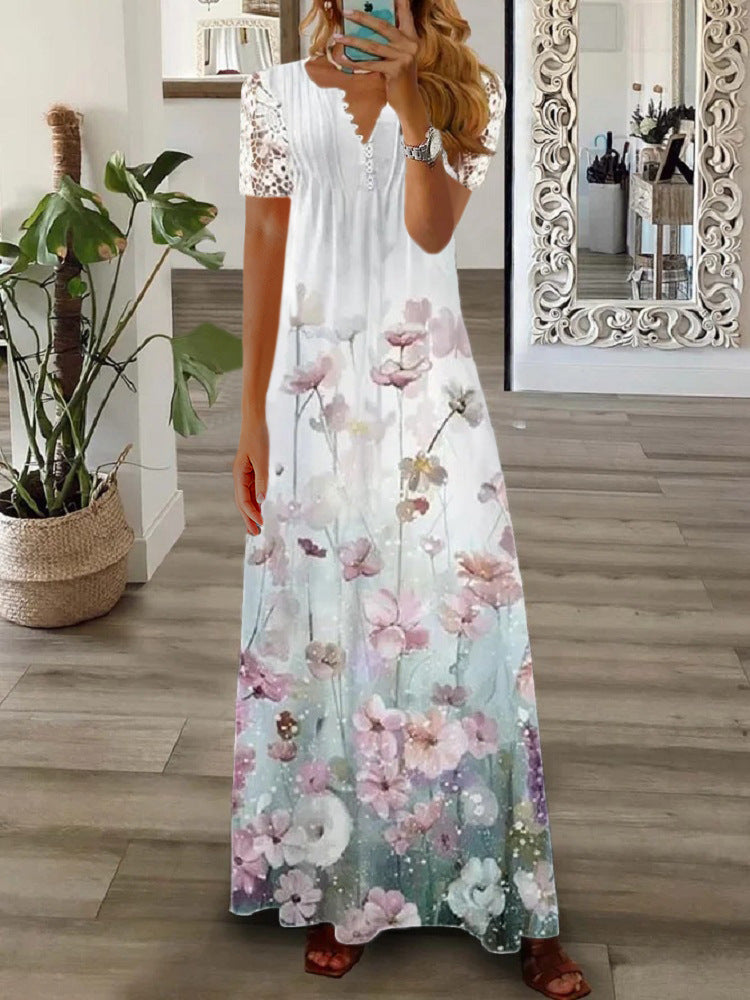 Lace Sleeve V-Neck Long Sleeve Pleated Maxi Dress 15