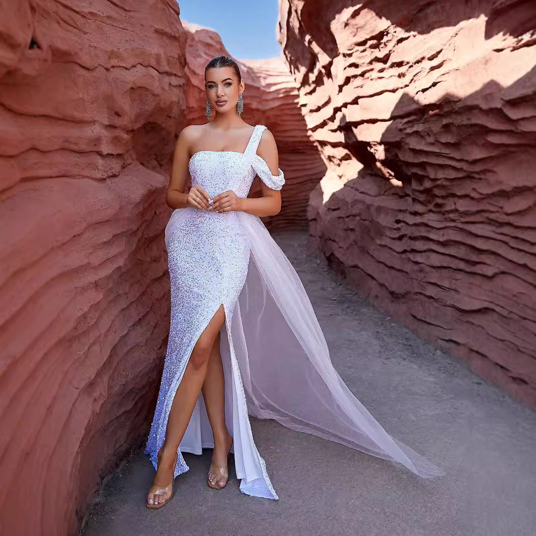 Sequin Strapless High Split Tulle Overlay Train Maxi Gown 3