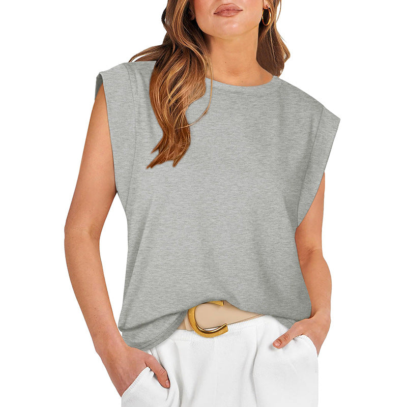Crew Neck Cap Sleeve Shoulder Pad Top