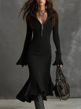 Ribbed Knit Long Sleeve Zip Front Mermaid Midi Dress 7