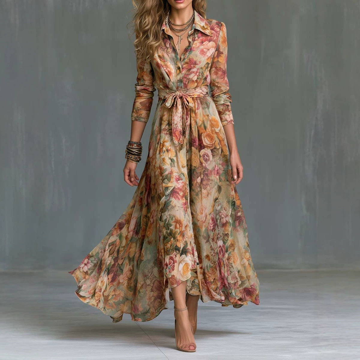 Retro Floral Print Dress Elegant Button Long Sleeve Tied Shirt Dress