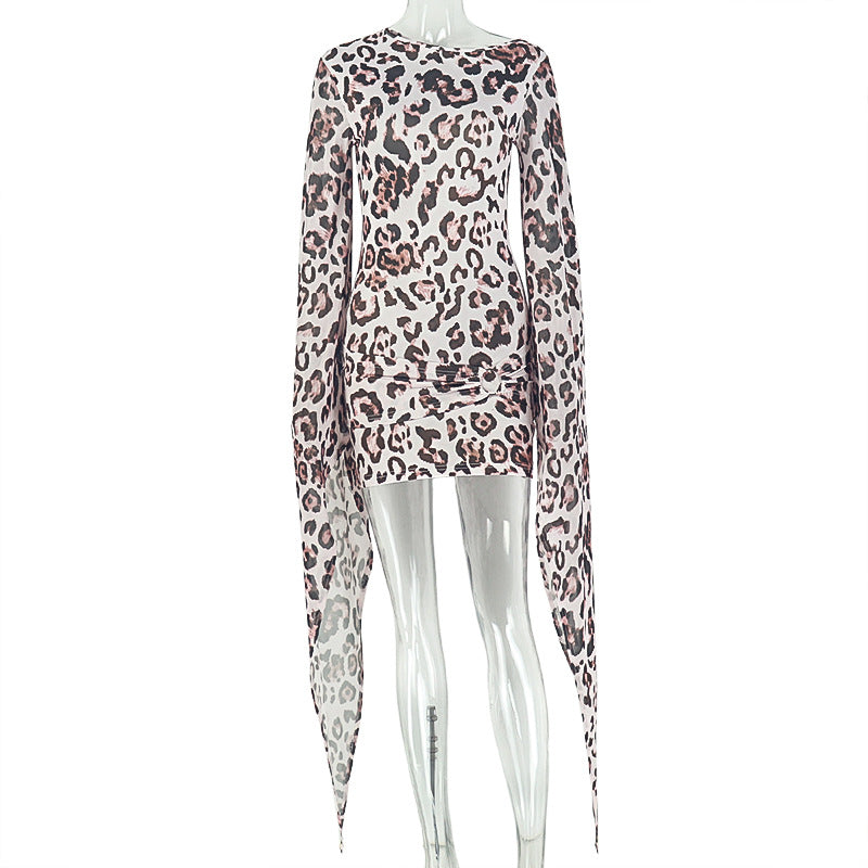 Leopard Print Mesh Off Shoulder Bell Sleeve Bodycon Mini Dress 2