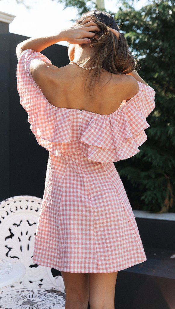 Gingham Off Shoulder Tiered Ruffle Fit and Flare Mini Dress 3