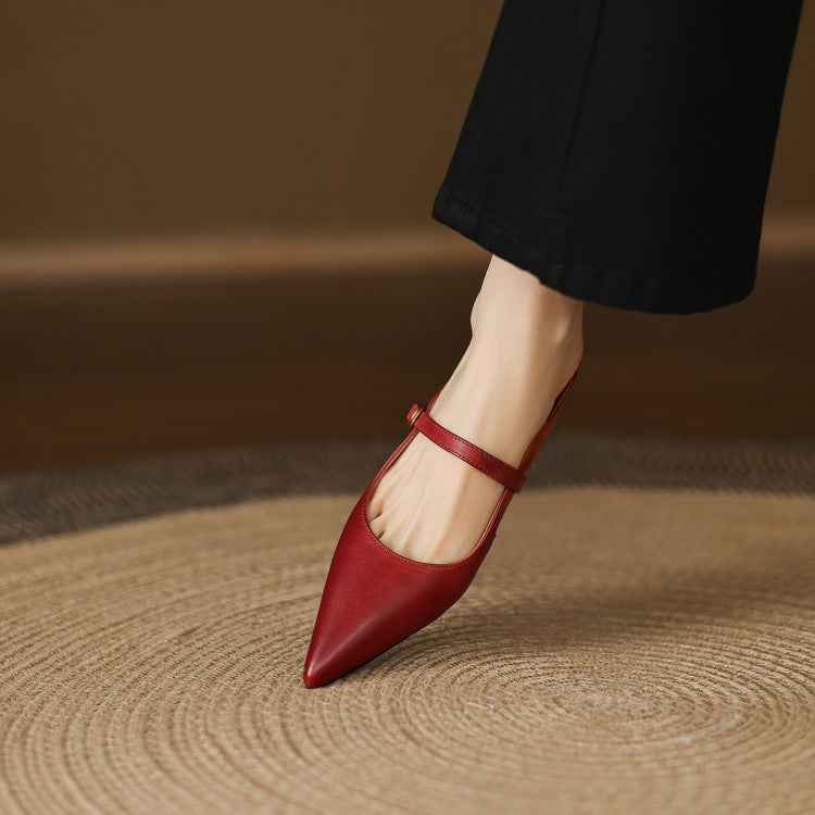 Pointed Toe Ankle Strap Mary Jane Flat Mules