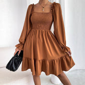 Square Neck Long Sleeve Smocked Tiered Mini Dress 2