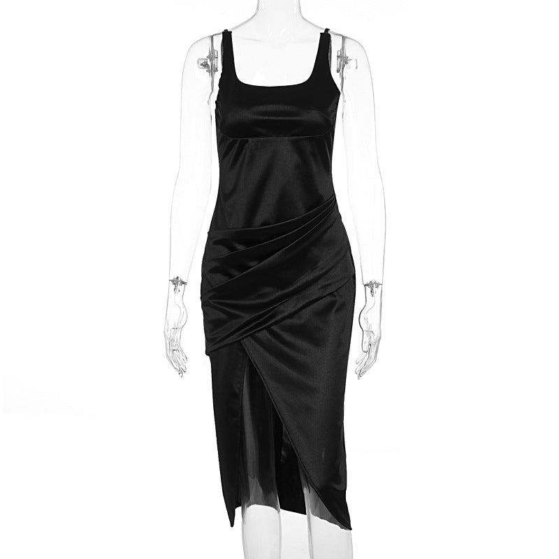 Square Neck Sleeveless Wrap Ruched High Split Bodycon Midi Dress 2