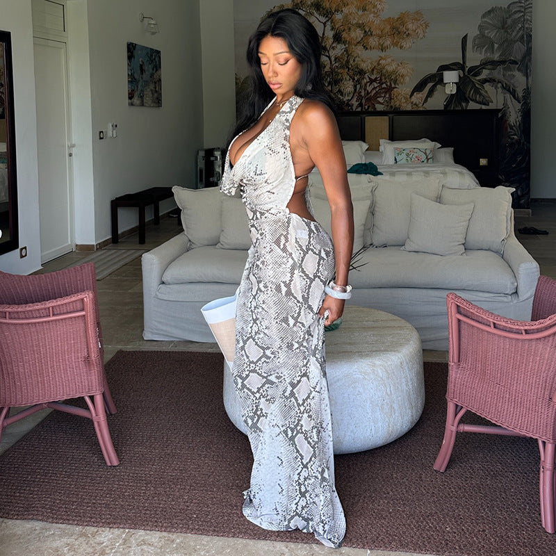 Snakeskin Print Halter Cowl Neck Open Back Maxi Dress