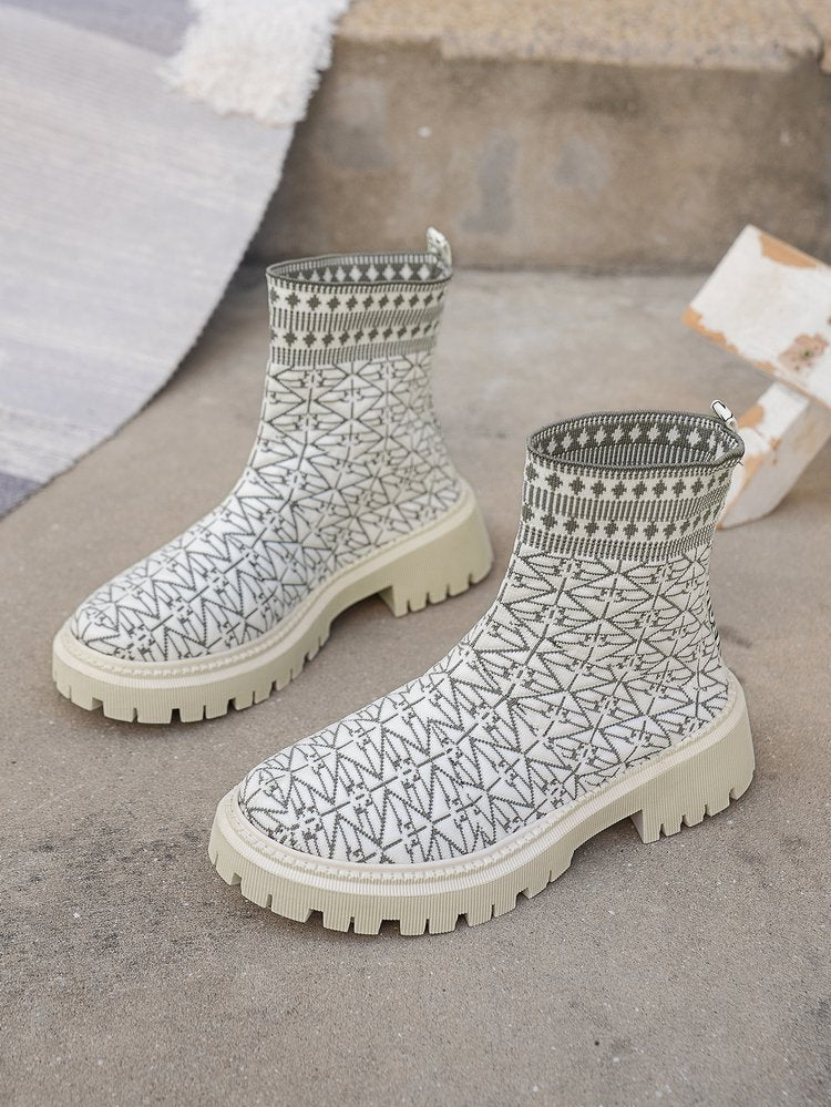 Geometric pattern flyknit stretch high-top chimney boots