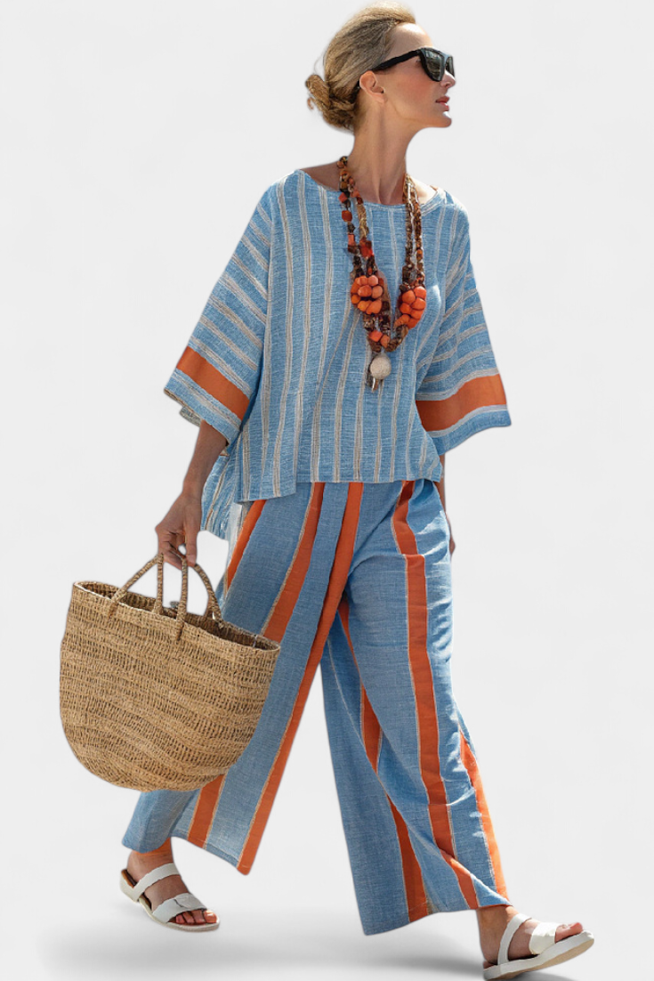 Striped Boxy Top and Wide Leg Pants Two Piece Set