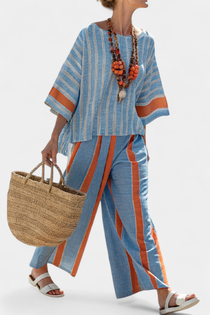 Striped Boxy Top and Wide Leg Pants Two Piece Set