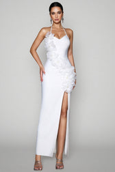 Yeney White 3D Floral Bandage Maxi Dress