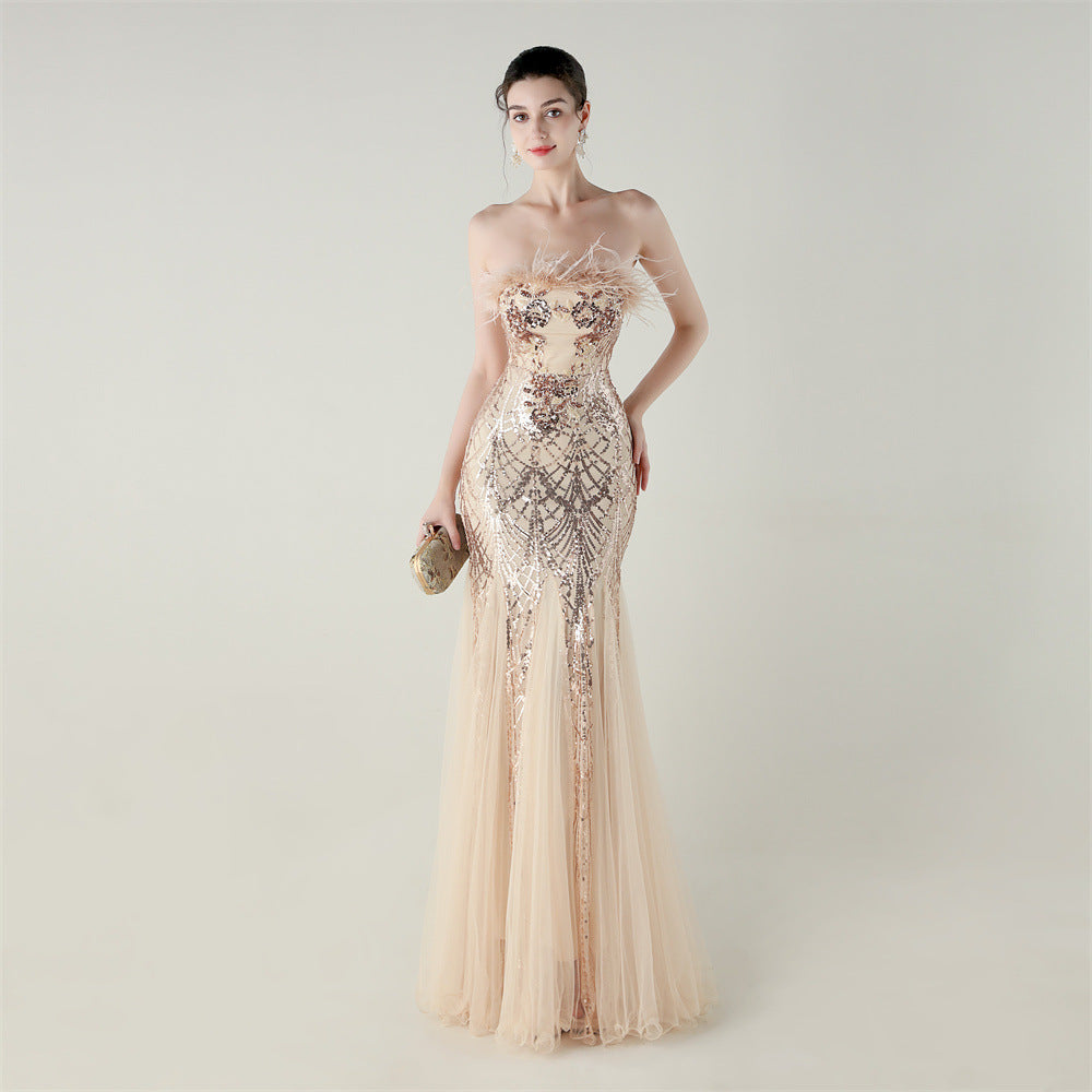 Sequin Beaded Tube Floral Ostrich Feather Tube Top Cross Strap Mesh Fishtail Evening Dress Cocktail Wedding - FashionAxe