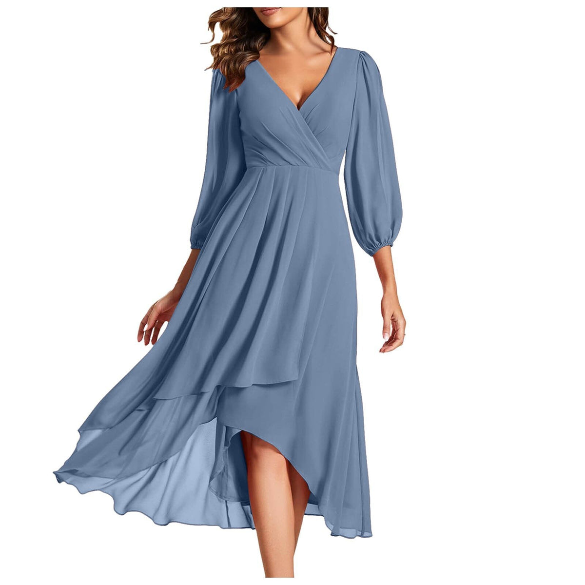 Chiffon Wrap V-Neck Puff Sleeve High Low Midi Dress