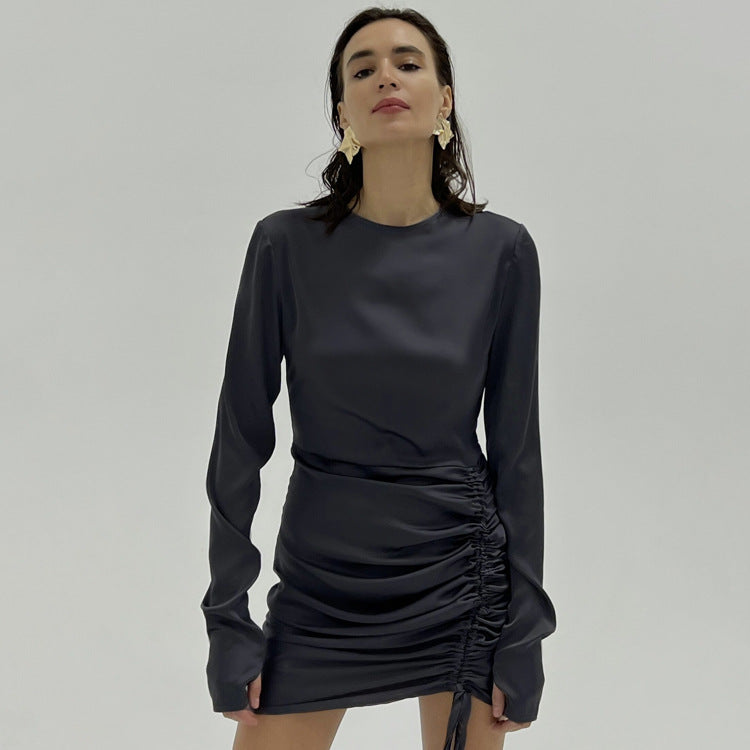 Early Autumn Women Clothing Long Sleeved Gloves Drawstring Satin Drape Dress Sexy Hip Dress