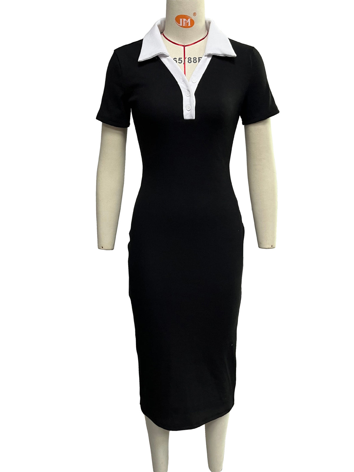 Contrast Polo Collar Short Sleeve Button Placket Ribbed Knit Bodycon Midi Dress 5