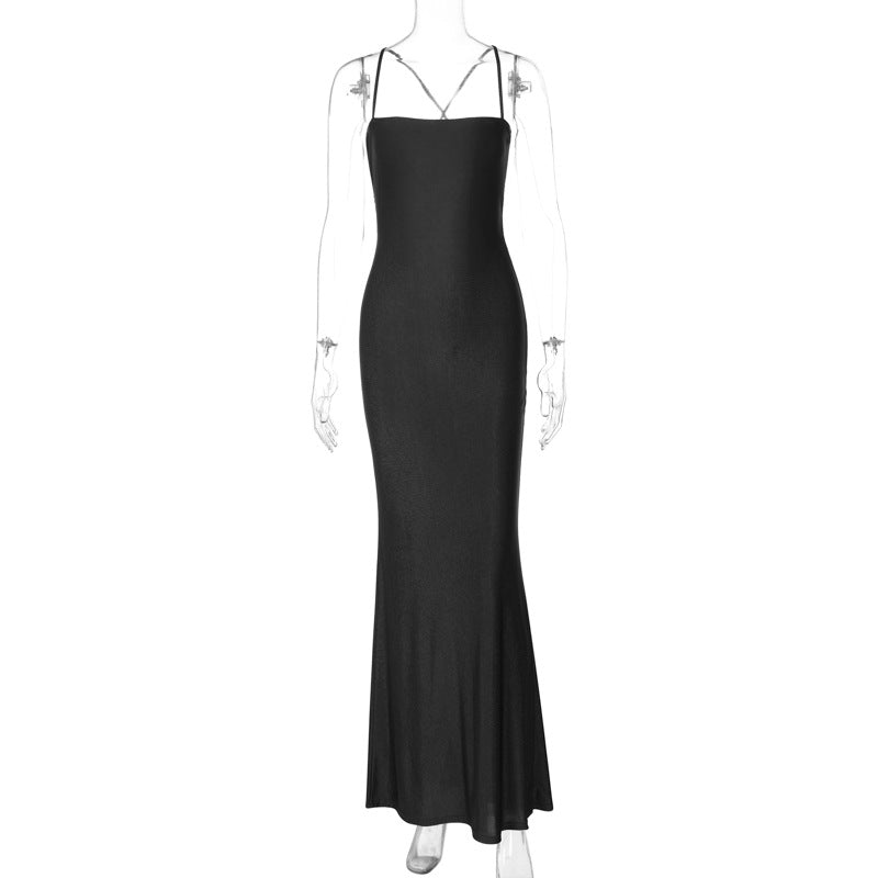 Satin Straight Neck Spaghetti Strap Tie Back Mermaid Maxi Dress 6