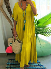 V-Neck Short Sleeve Tiered Linen Maxi Dress 16