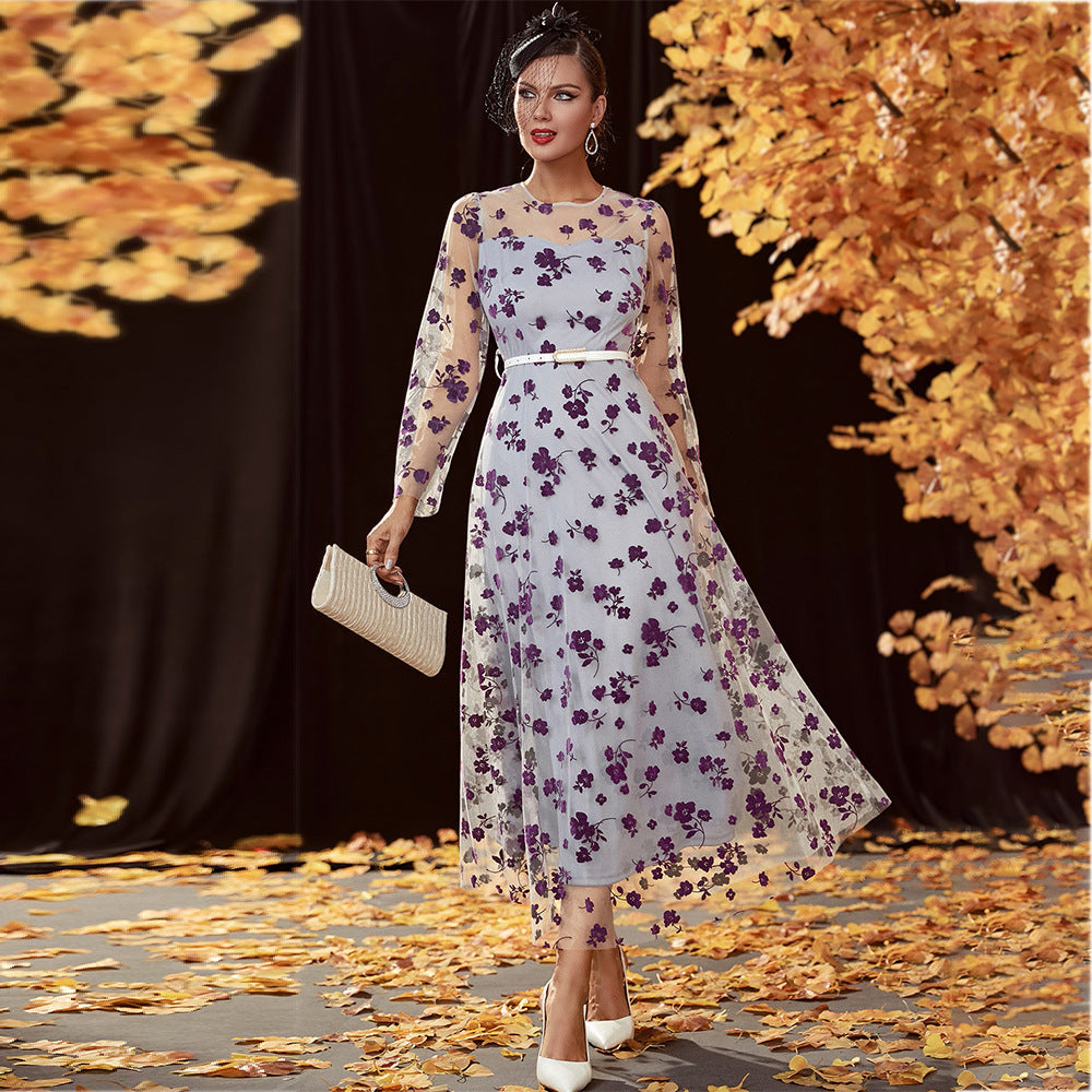 Floral Embroidered Mesh Round Neck Long Sleeve Belted A-Line Maxi Dress 2