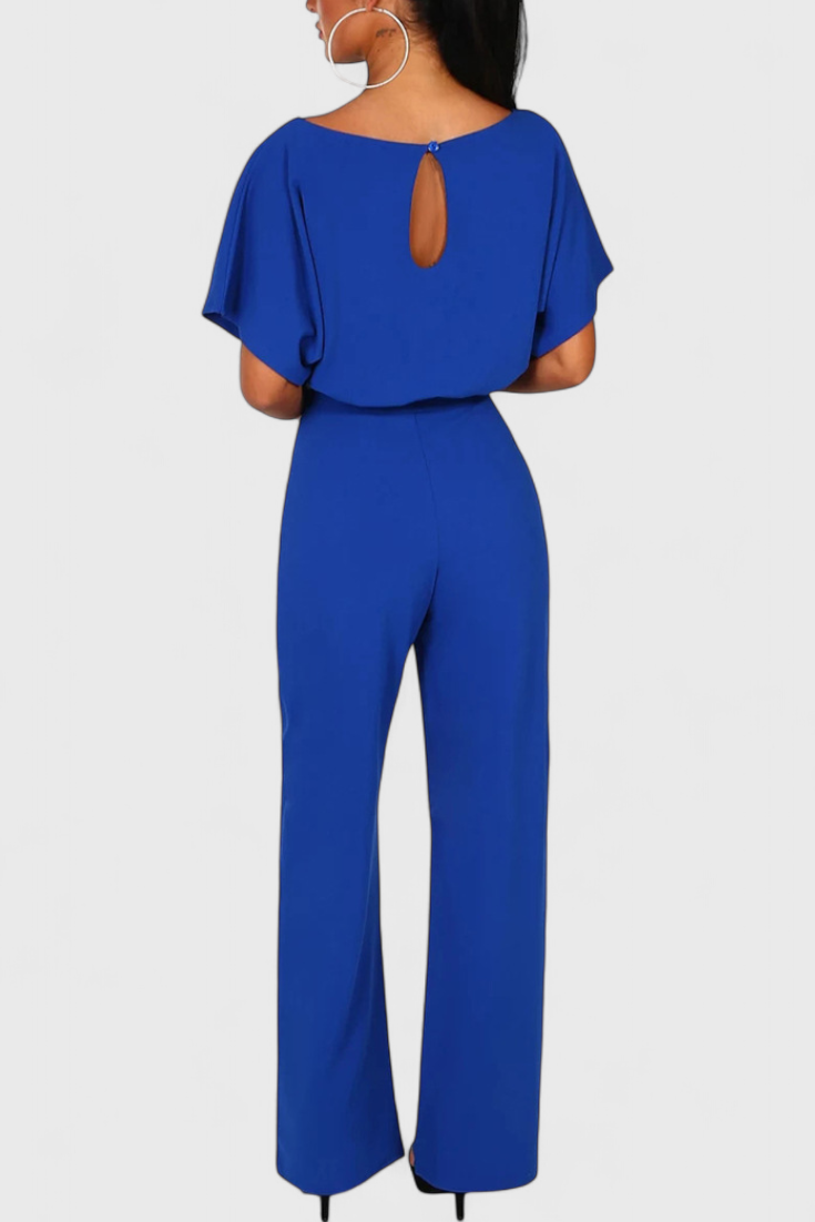 Boat Neck Batwing Sleeve Belted Wide Leg Jumpsuit